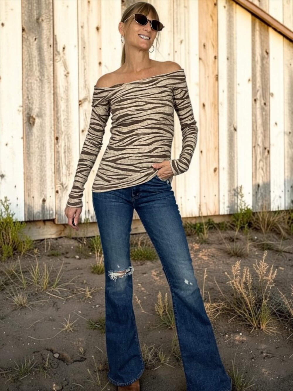 Anthropologie Pilcro Off-The-Shoulder Twist Long-Sleeve Top XS Animal Print